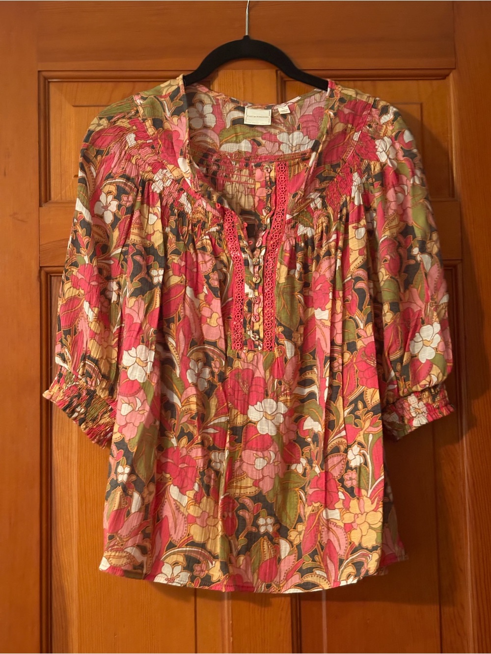 Zac & Rachel Floral Boho Peasant Blouse in Pink, Green, White
